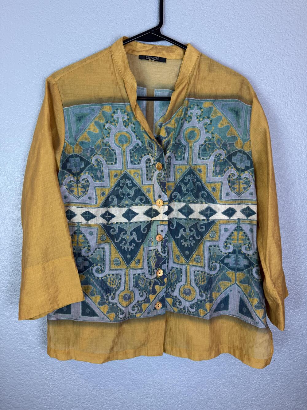 Dressori Shirt Womens Small Button Front 3/4 Sleeve Boho Art Top Blouse